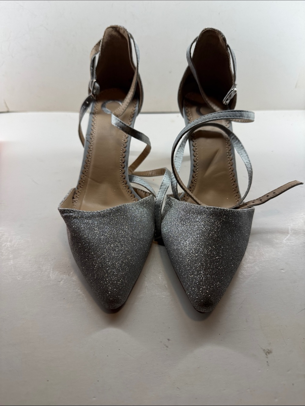 Silver Glitter Pointed-Toe Strappy Heels for Women